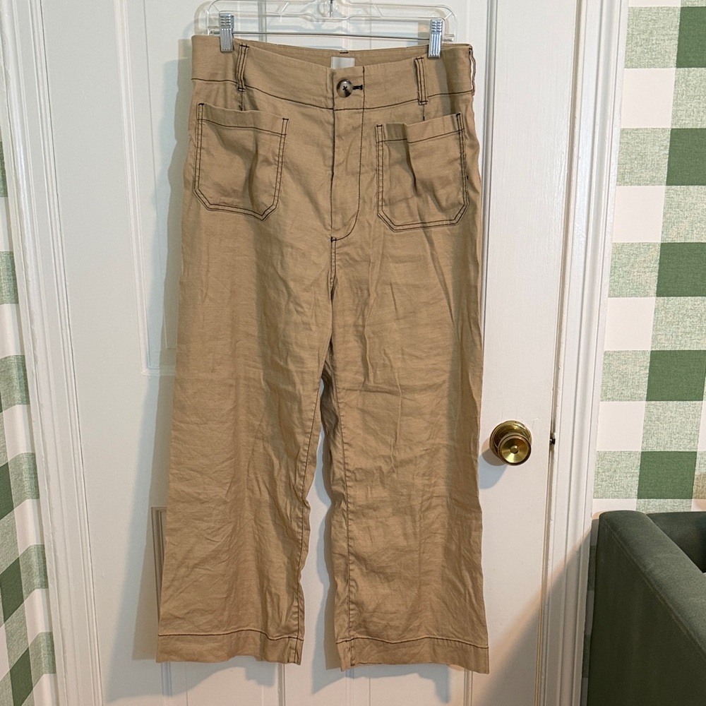Anthropologie Maeve Colette Contrast-Stitch Linen Crop Wide-Leg Pants Size 31